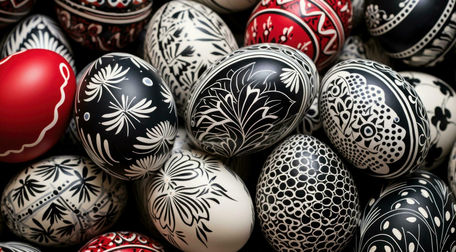 ai generiert das Bilder aussehen mögen viele gemalt Eier und haben ein schwarz und Weiß Design foto