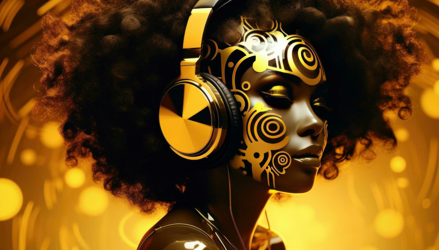 ai generiert das afro Mädchen im Gold Kleid mit Kopfhörer foto
