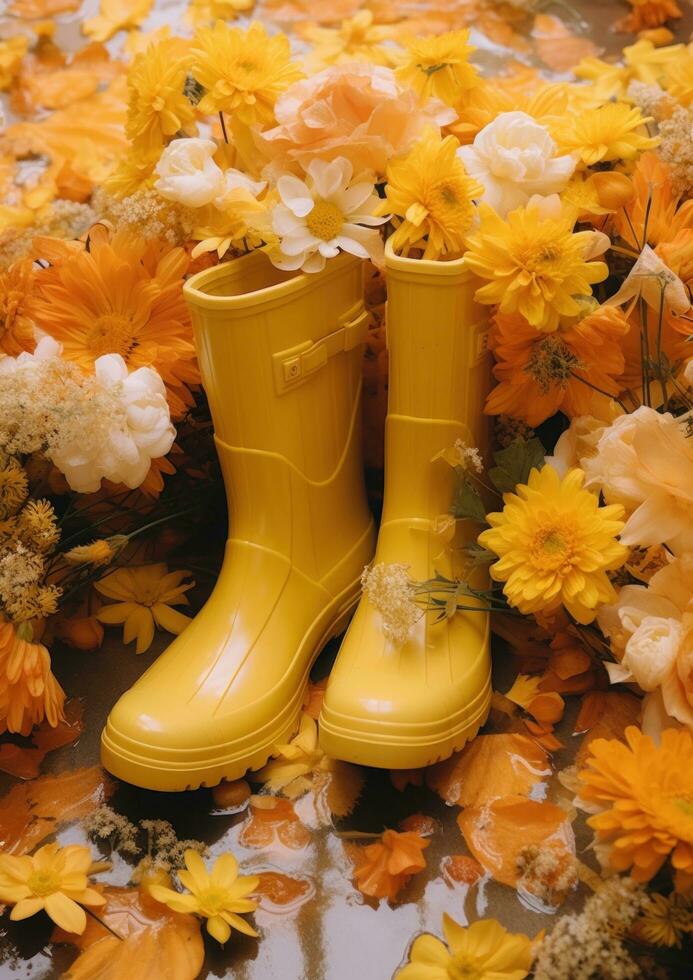 ai generiert Gelb Regen Stiefel halten Gelb Blume foto