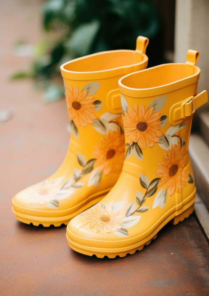 ai generiert Gelb Regen Stiefel mit Blumen und Blätter foto