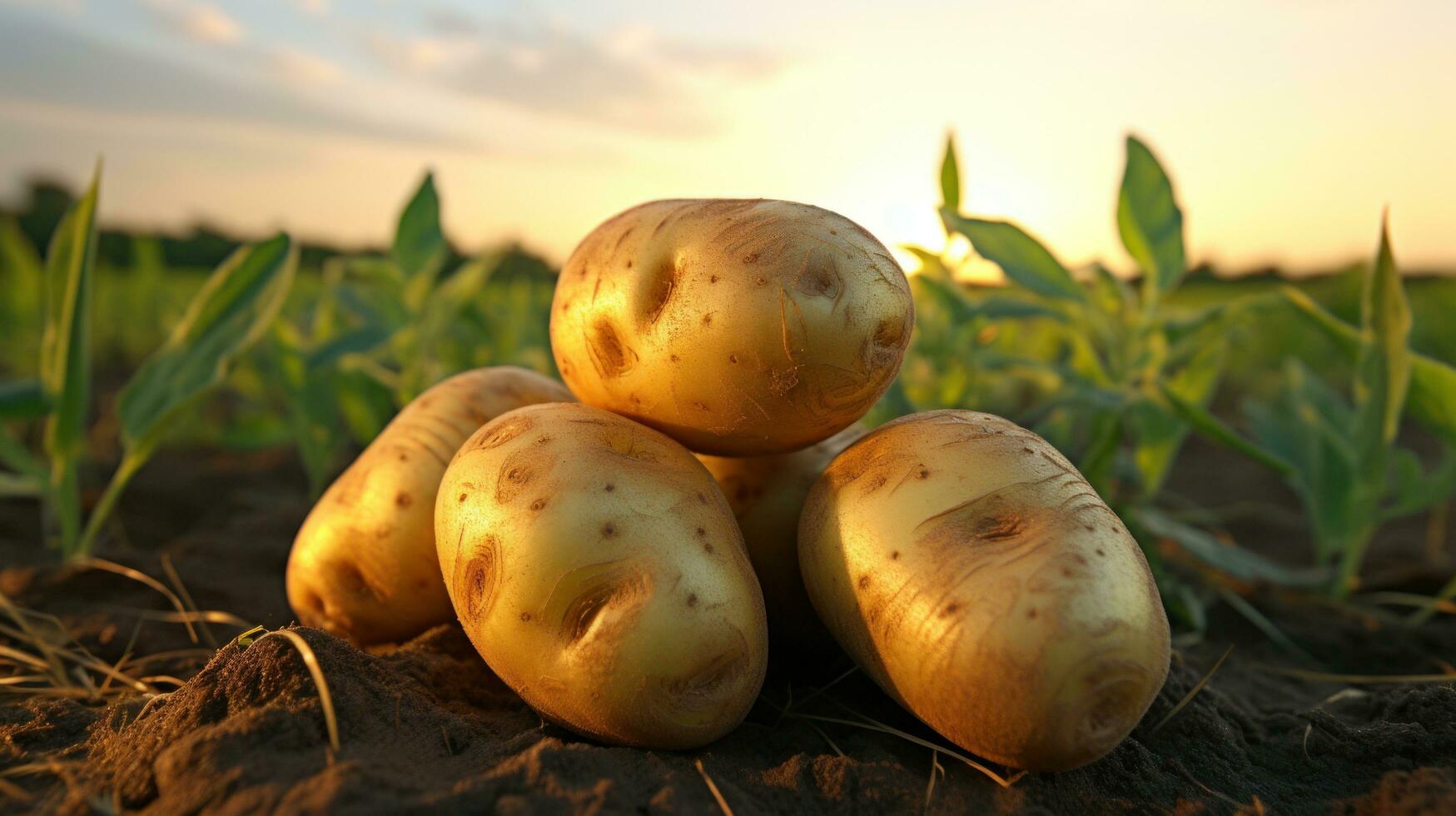 ai generiert drei Kartoffeln sind im ein Feld wie das Sonne setzt foto
