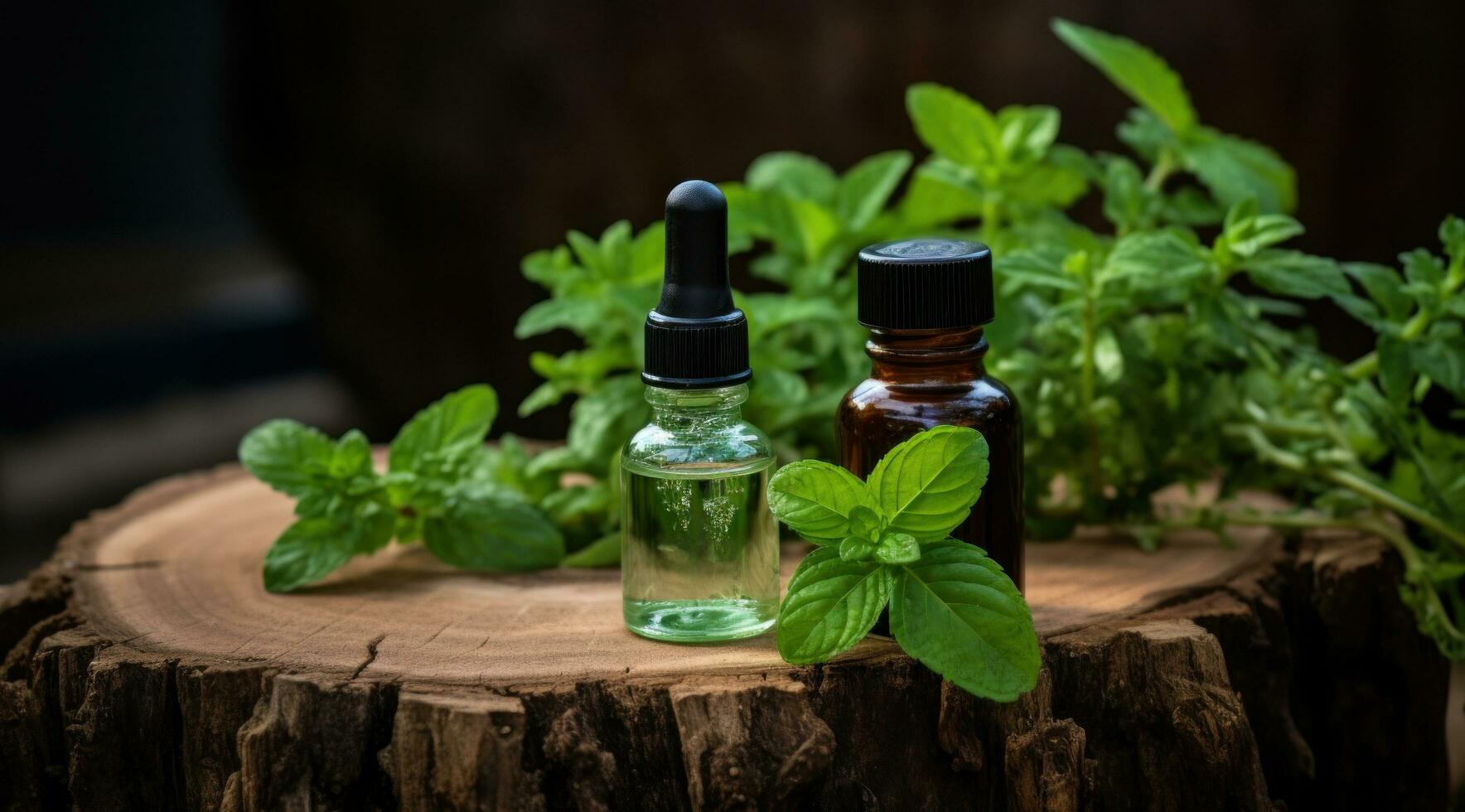 ai generiert ein Flasche mit Minze wesentlich Öl auf oben von ein Baum Stumpf foto