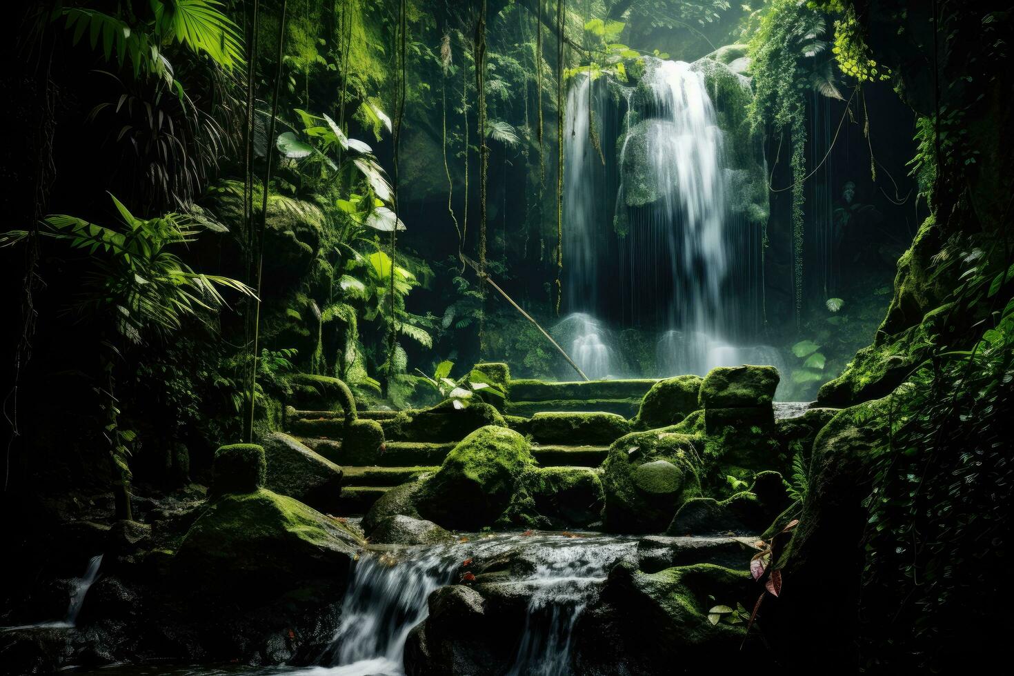 ai generiert schön Wasserfall im tropisch Regen Wald, Thailand. getönt, ein Kaskadierung Wasserfall Innerhalb ein versteckt Regen Wald, ai generiert foto