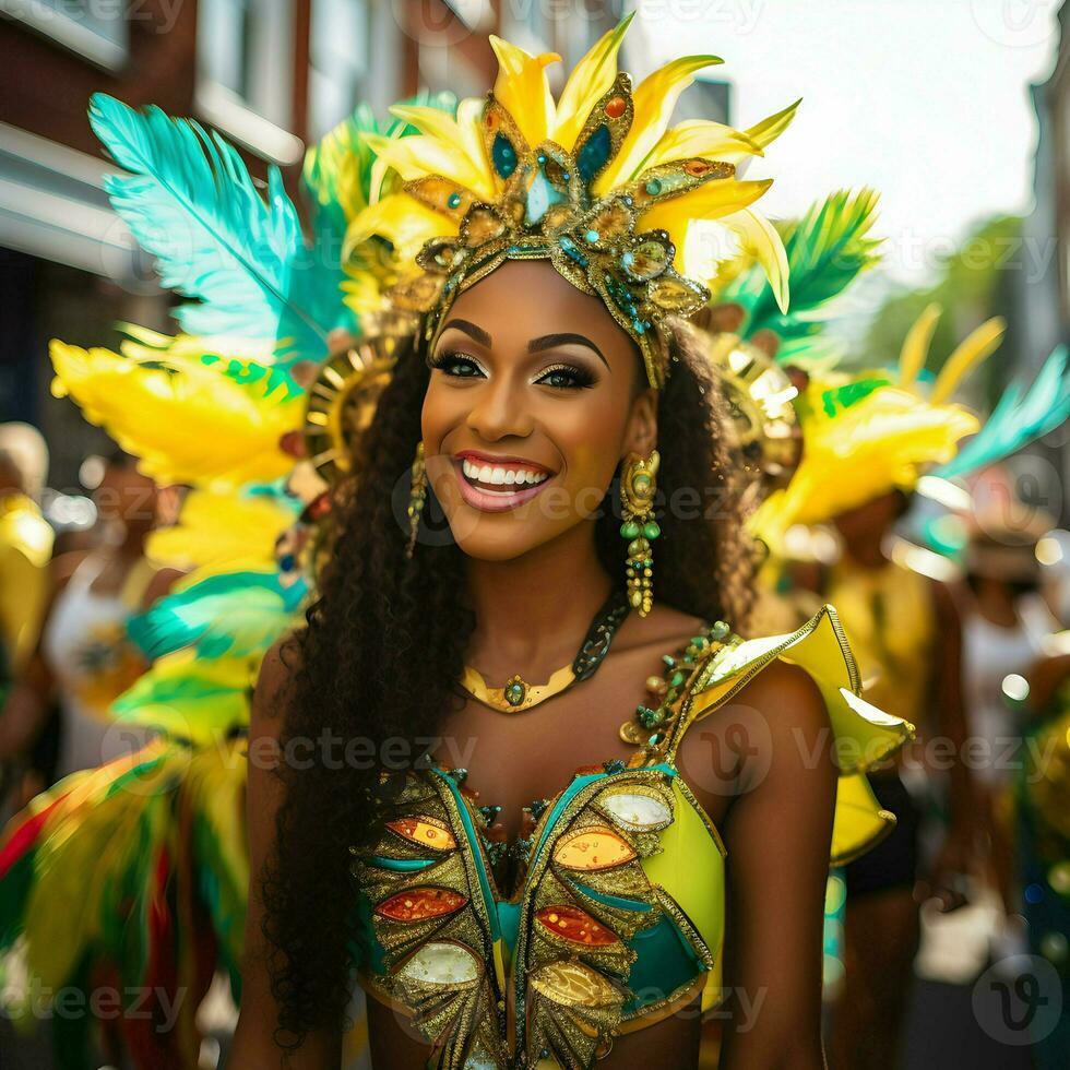 ai generiert schön Karneval gras Kostüm Frau foto