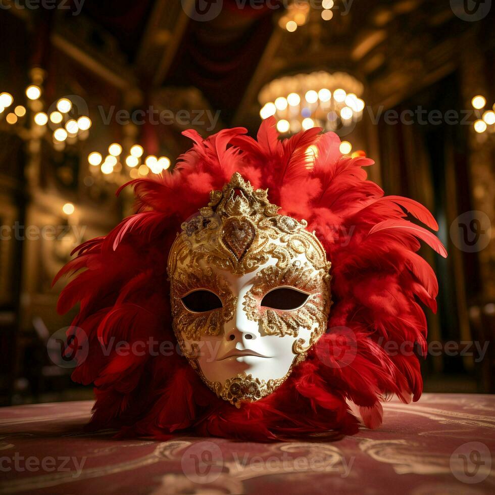 ai generiert elegant Feder voll Gesicht Maske von venezianisch Karneval oder Karneval gras Hintergrund foto