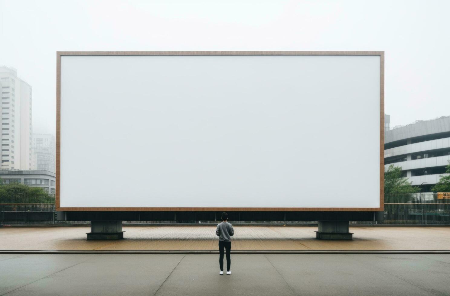 ai generiert Menschen aussehen beim ein groß Plakatwand im das Mitte von ein Stadt foto