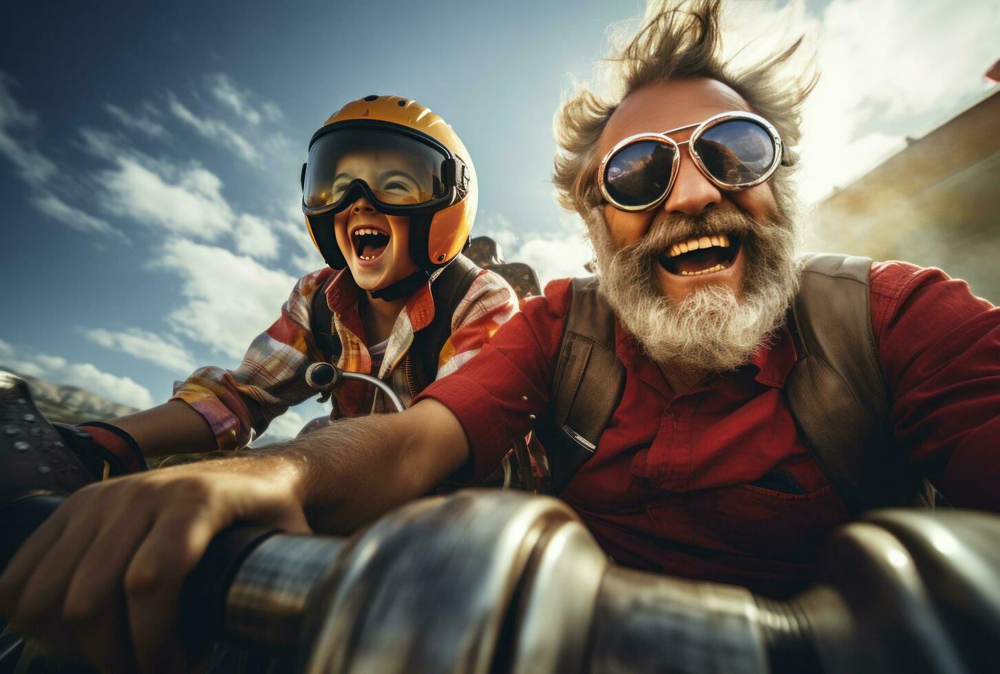 ai generiert Vater und Sohn Rennen ihr Kind mit Brille foto