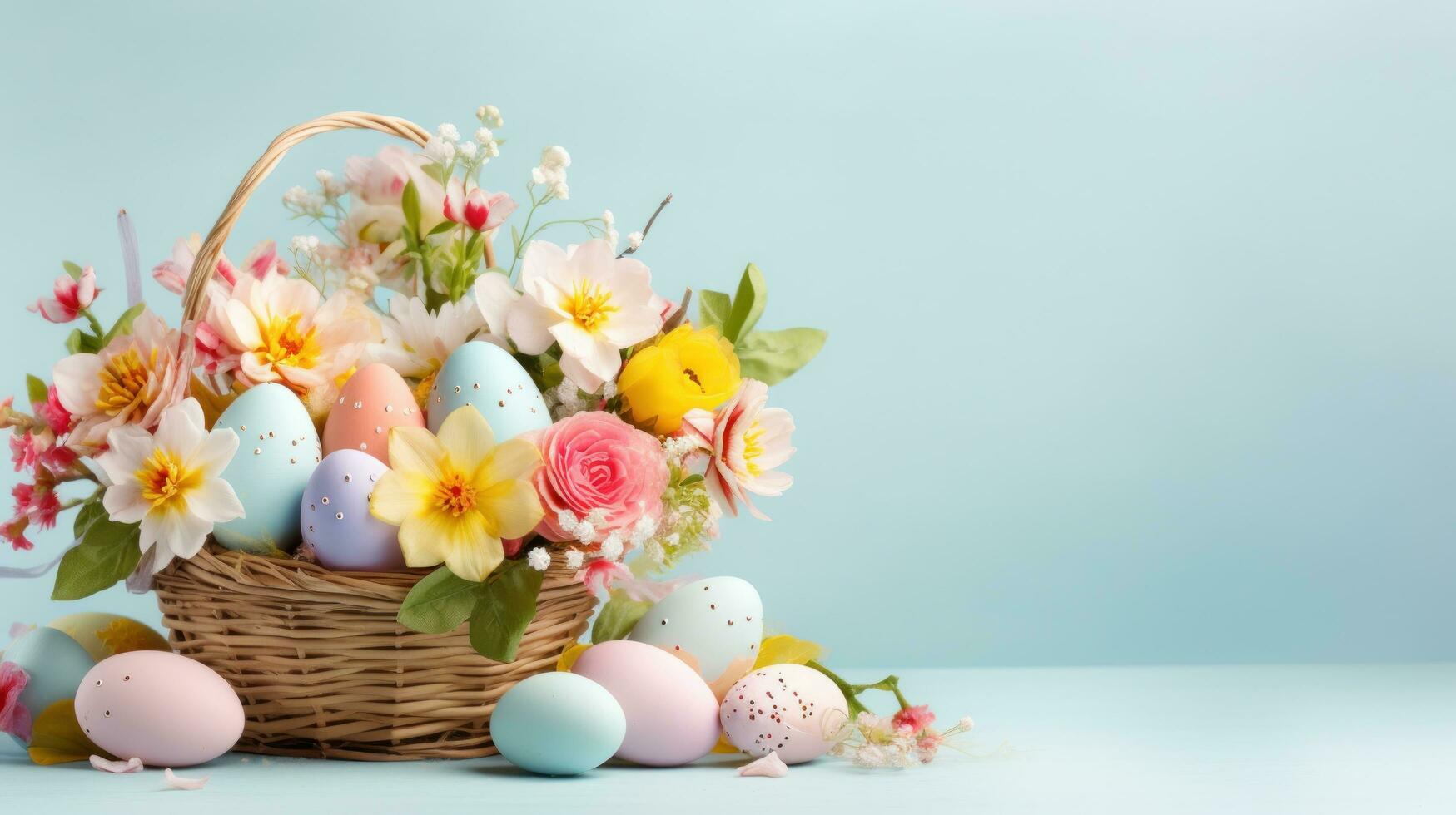 ai generiert ein bunt Ostern Korb überfüllt mit Pastell- Eier und Frühling Blumen auf ein Blau Hintergrund foto