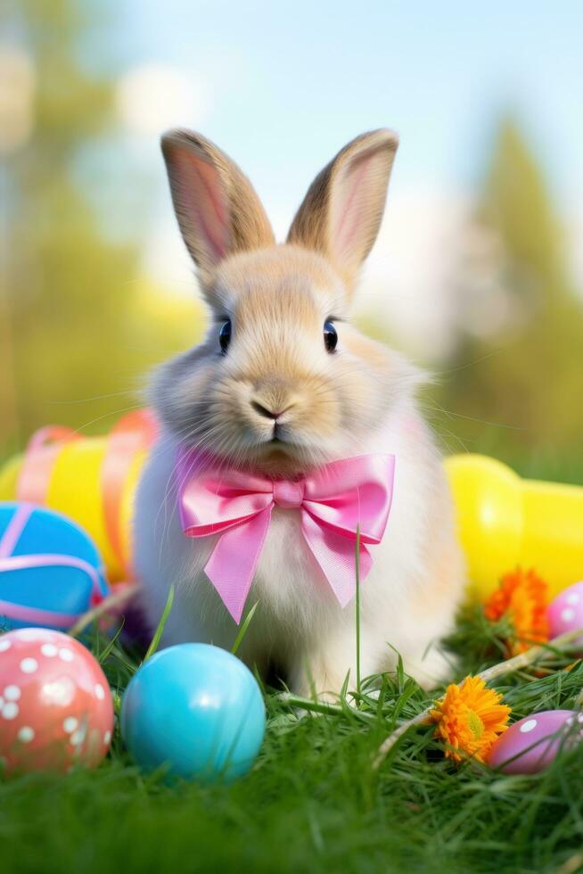 ai generiert süß Hase mit ein Rosa Bogen Sitzung im ein grasig Feld mit bunt Ostern Eier im das Hintergrund foto