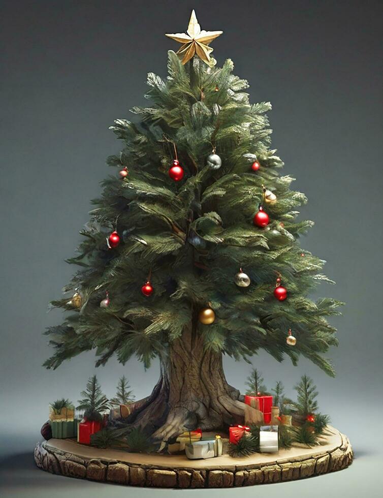 ai generiert Weihnachten dekorativ mit Geschenk Box und Schneeflocke auf Weihnachten Baum und fröhlich Weihnachten und glücklich Neu Jahr. Winter Urlaub Feier Attrappe, Lehrmodell, Simulation Grün Farbe foto