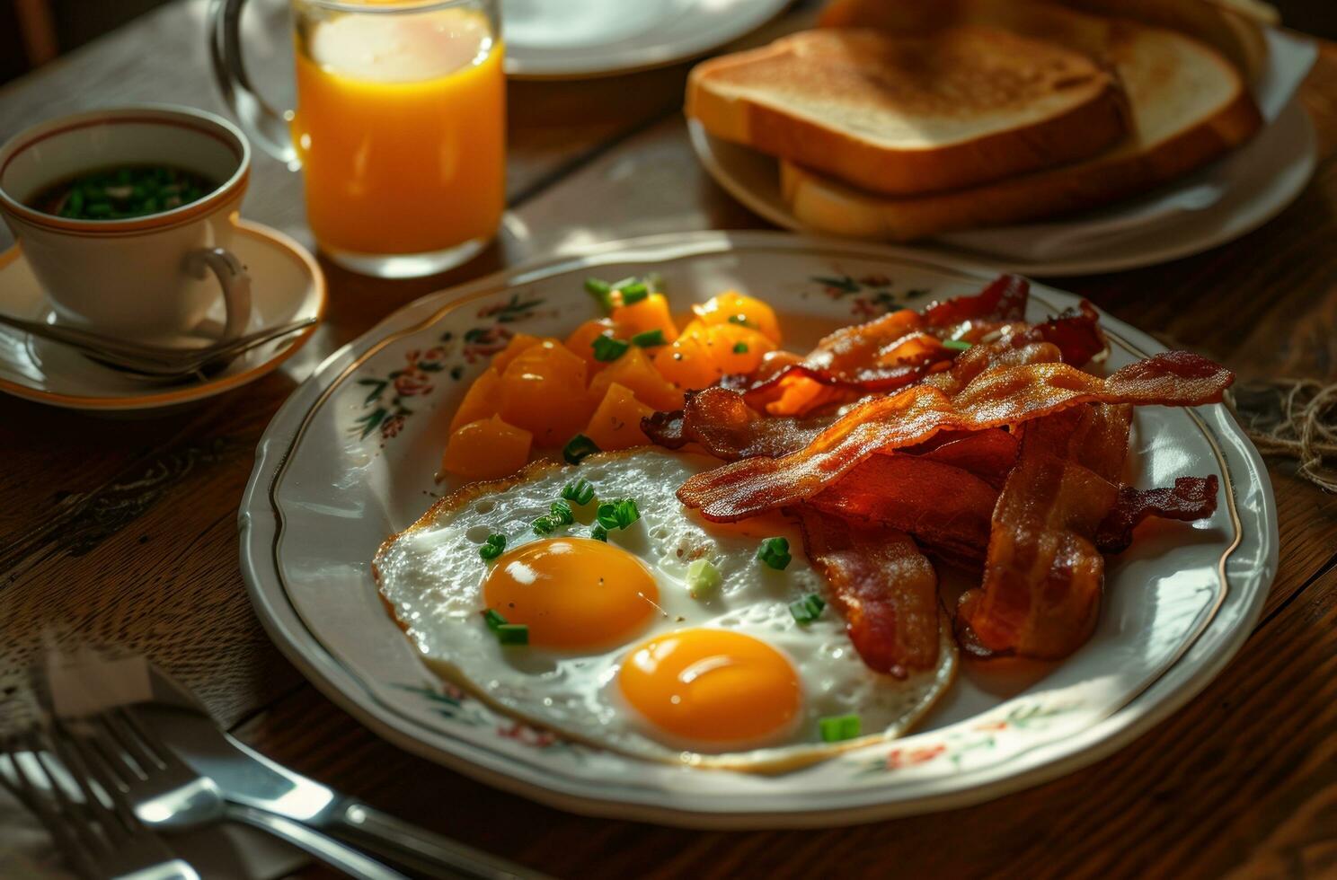 ai generiert ein Frühstück Teller mit Speck, Eier und Toast begleitet durch Saft foto