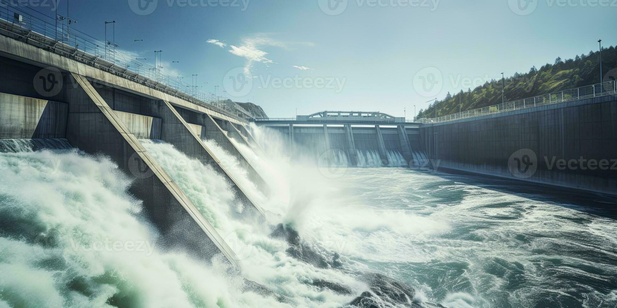 ai generiert Wasserkraft Damm Erstellen Grün Energie von fließend Wasser. ai generiert. foto