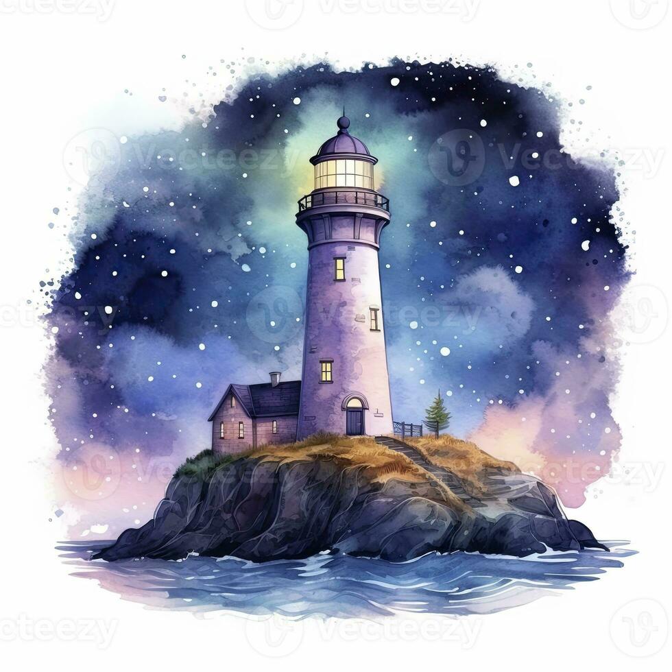 ai generiert Leuchtturm neben das Meer beim Nacht. Aquarell zum T-Shirt Design. ai generiert foto