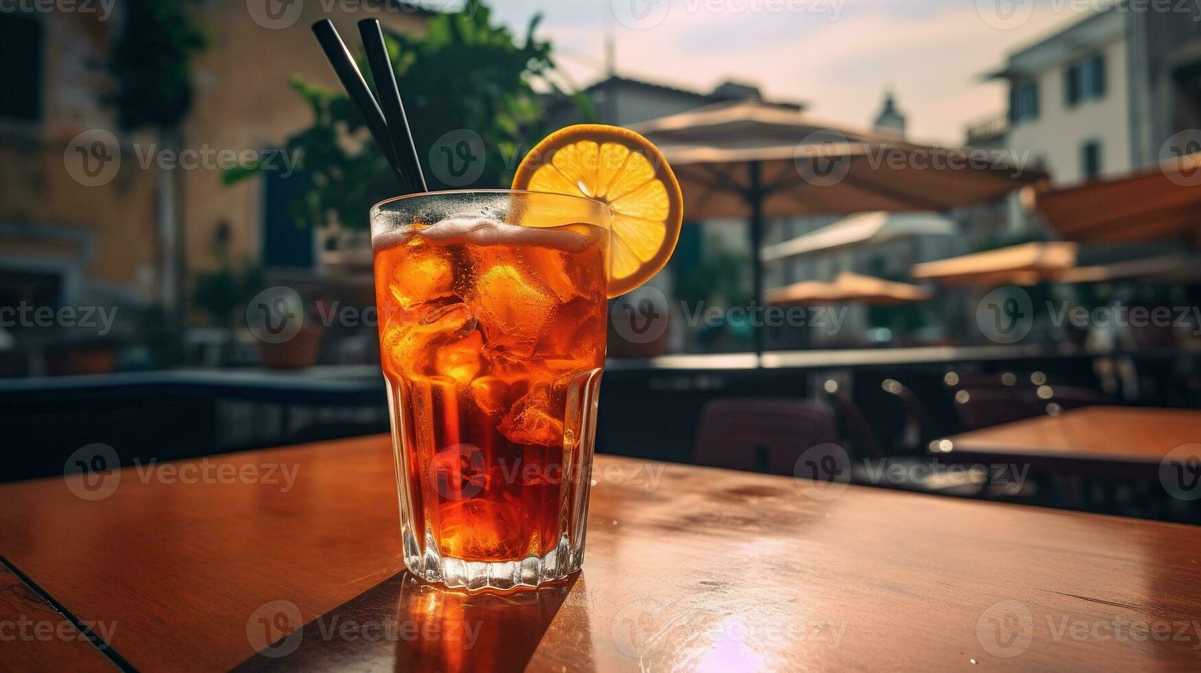 ai generiert generativ ai, Glas von Aperol Spritz auf hölzern Tabelle mit verwischen Hintergrund mit Beleuchtung von Straße Bar, Cafe oder Restaurant foto