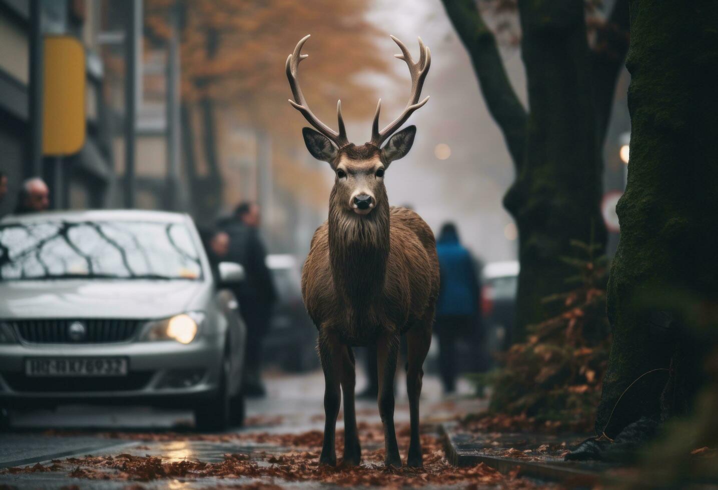 ai generiert ein schön Hirsch steht auf das Straße im das Wald foto