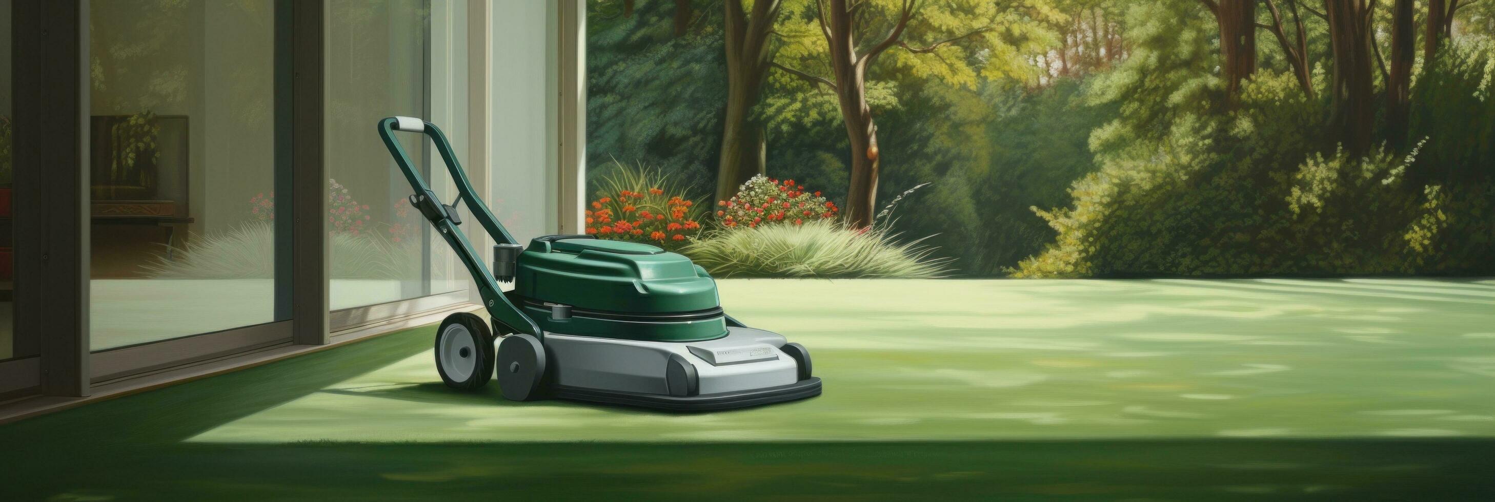ai generiert ein Roboter Rasen Mäher auf ein Wiese in der Nähe von ein Haus foto