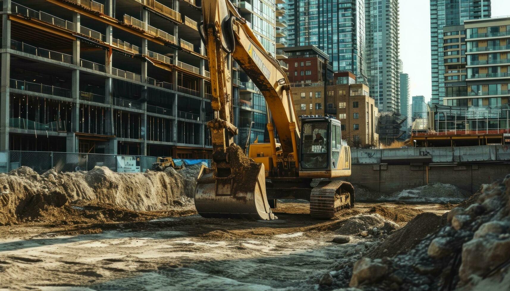 ai generiert ein Stadt mit ein Konstruktion Bagger beim das Vorderseite foto