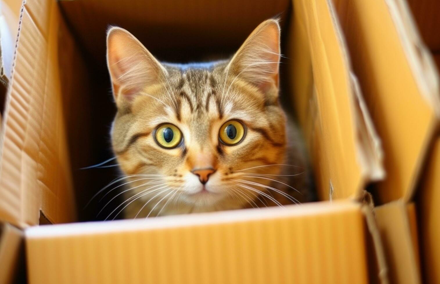 ai generiert ein Katze Sitzung im ein Karton Box suchen aus von es foto