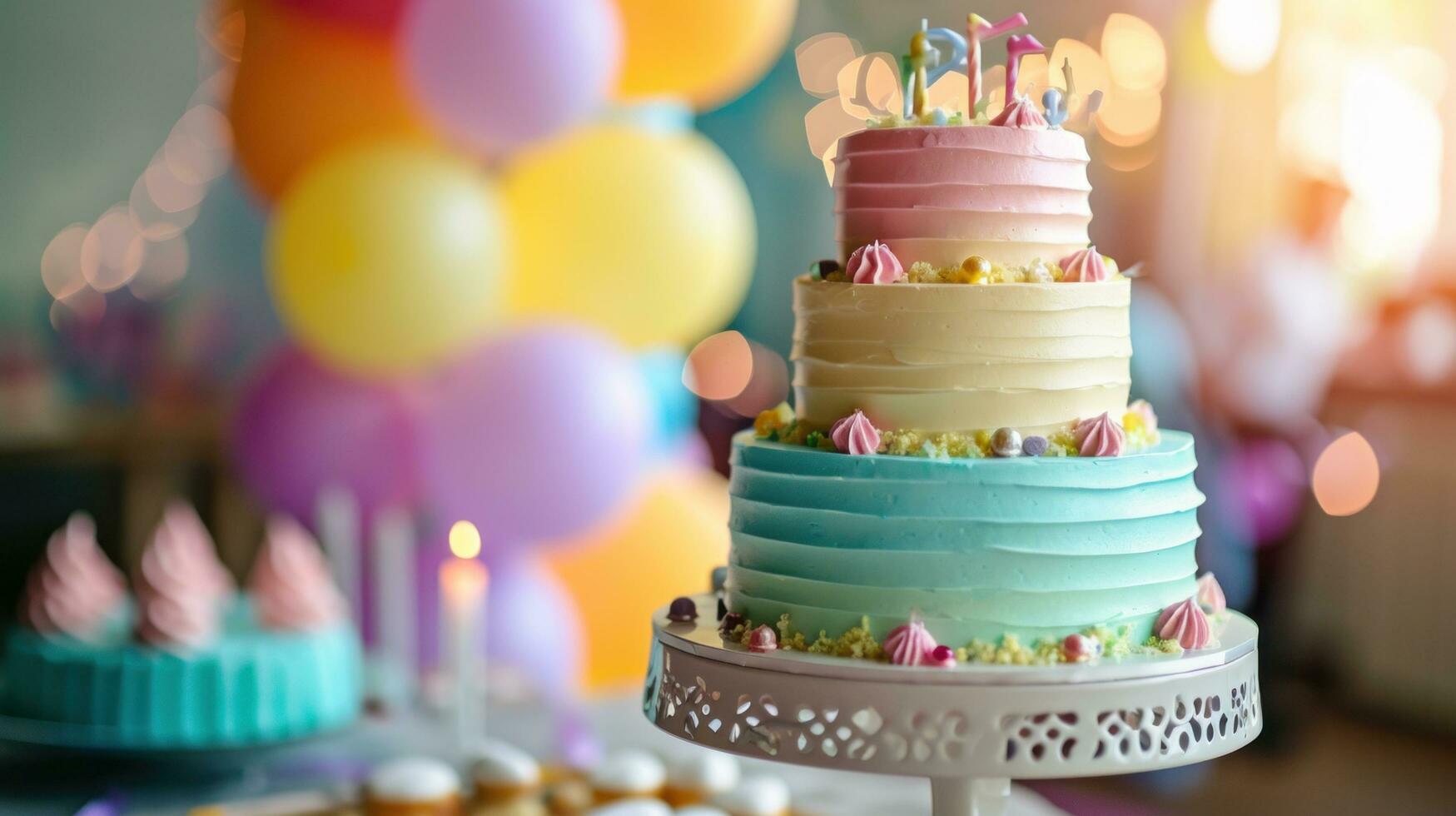 ai generiert abgestuft Geburtstag Kuchen mit festlich Ballon Dekorationen foto