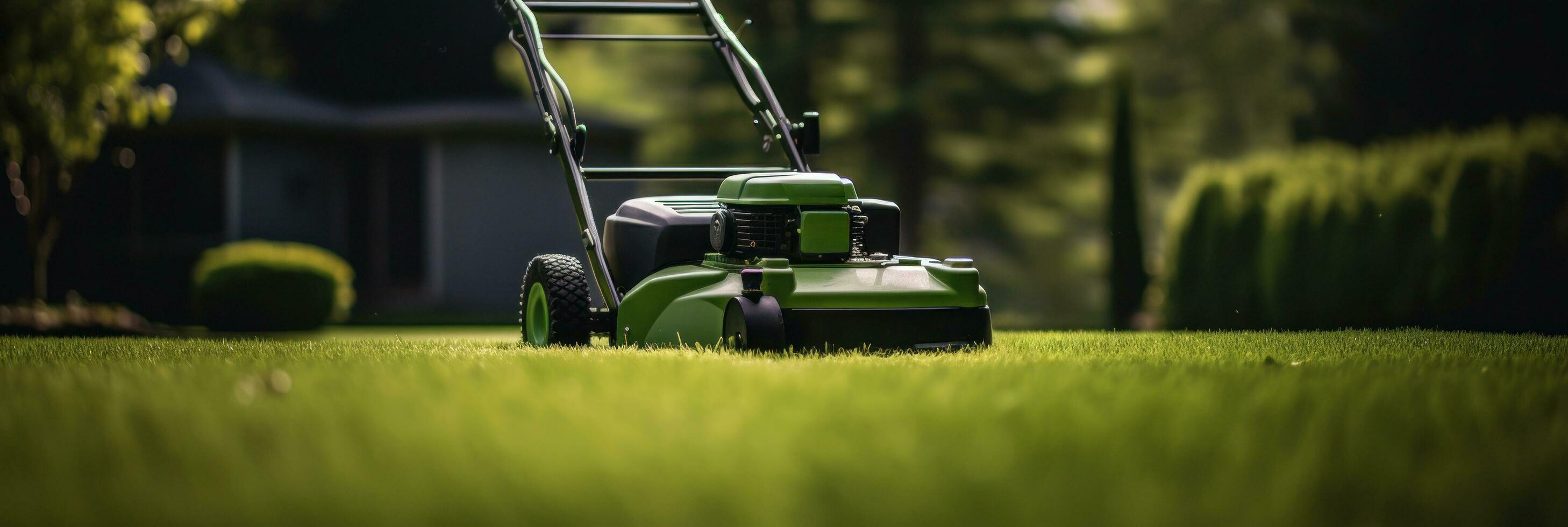 ai generiert Rasen Mäher schneidet Grün Gras foto