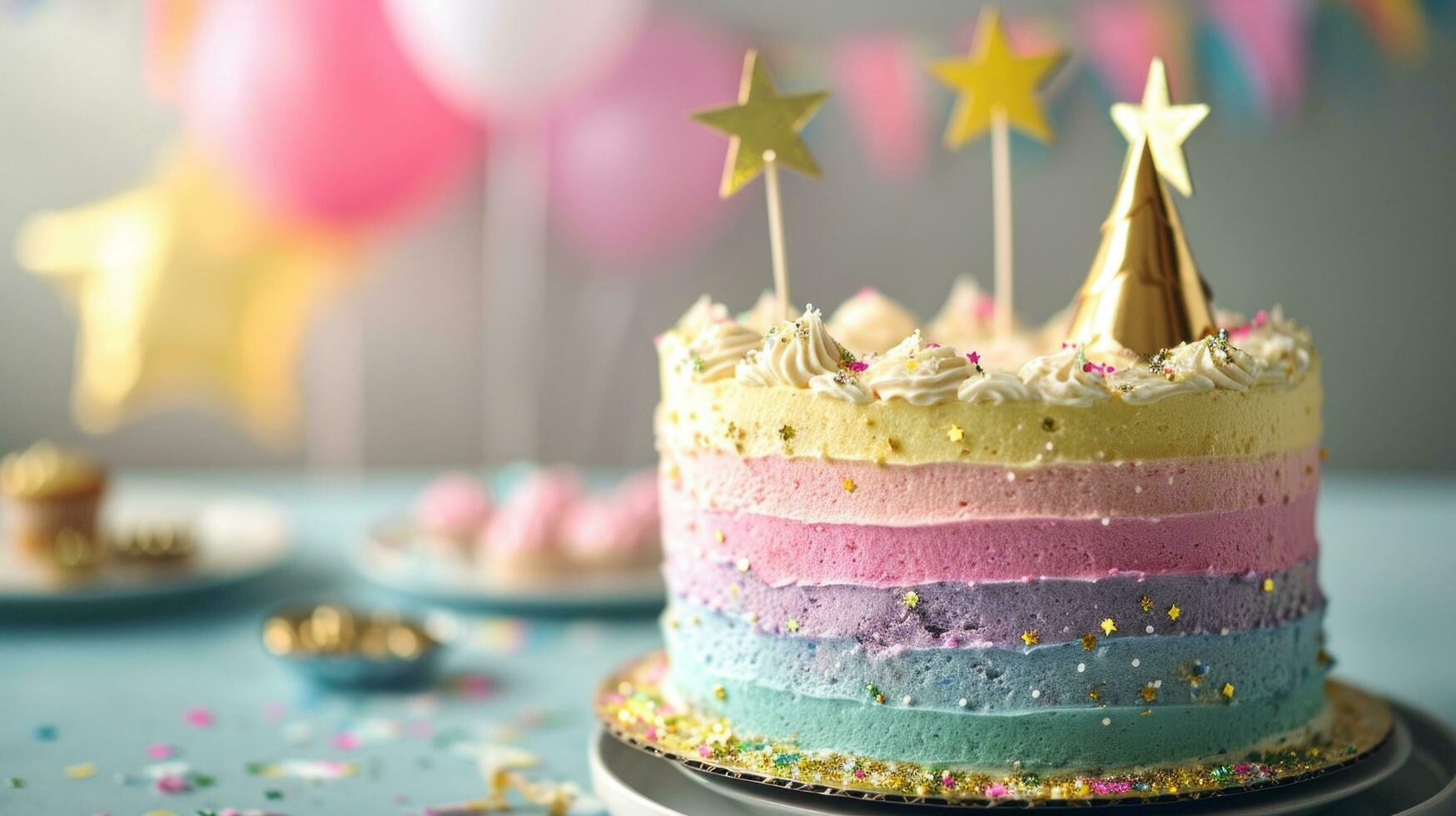 ai generiert beschwingt Pastell- Regenbogen Geburtstag Kuchen mit Ammer und golden Star foto
