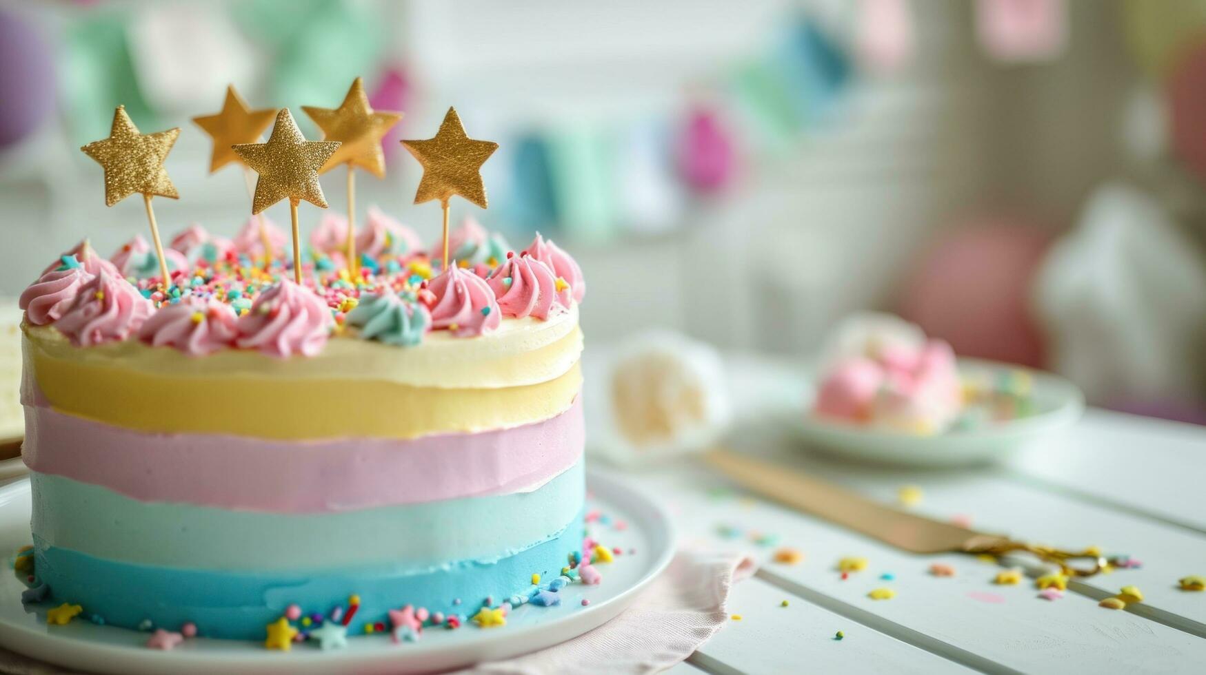 ai generiert beschwingt Pastell- Regenbogen Geburtstag Kuchen mit Ammer und golden Star foto