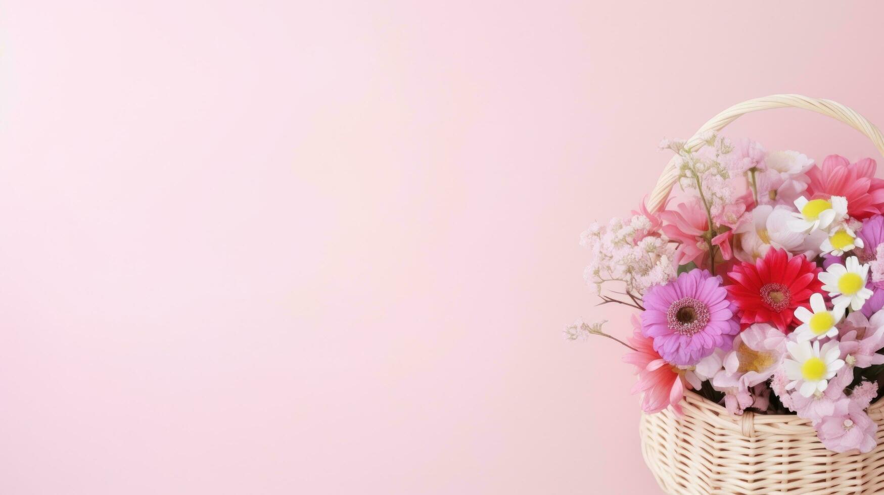 ai generiert ein schön vereinbart worden Strauß von Frühling Blumen im ein Korb auf ein Pastell- Rosa foto