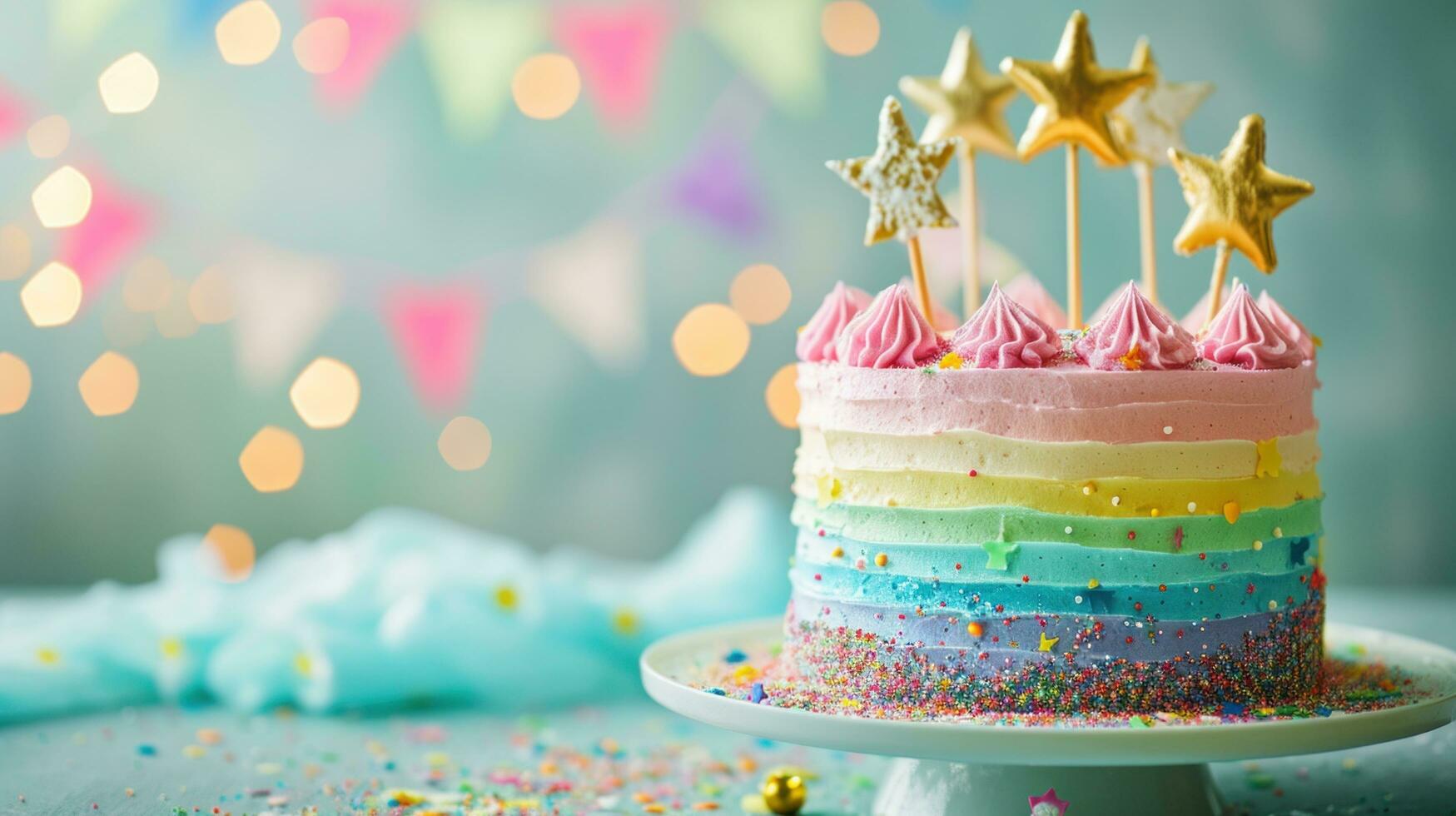 ai generiert beschwingt Pastell- Regenbogen Geburtstag Kuchen mit Ammer und golden Star foto