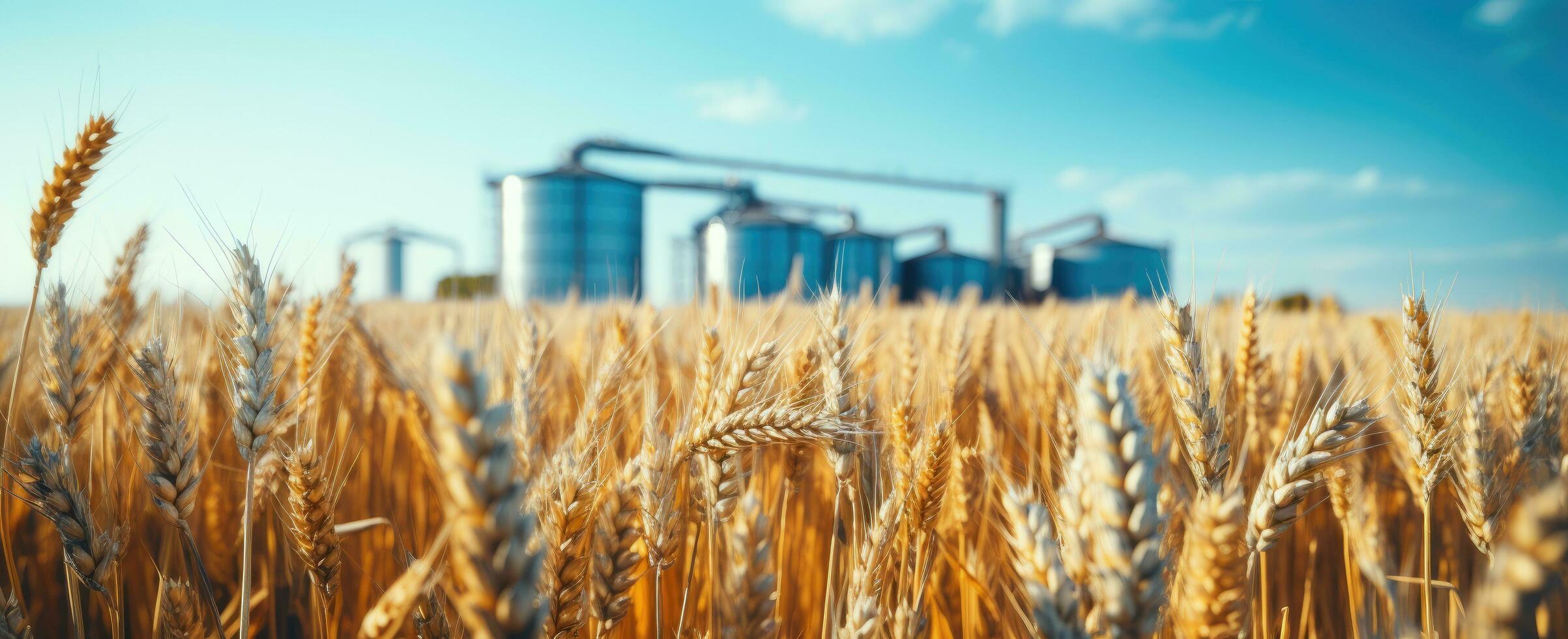 ai generiert ein Feld von geerntet Weizen mit ein Silo foto