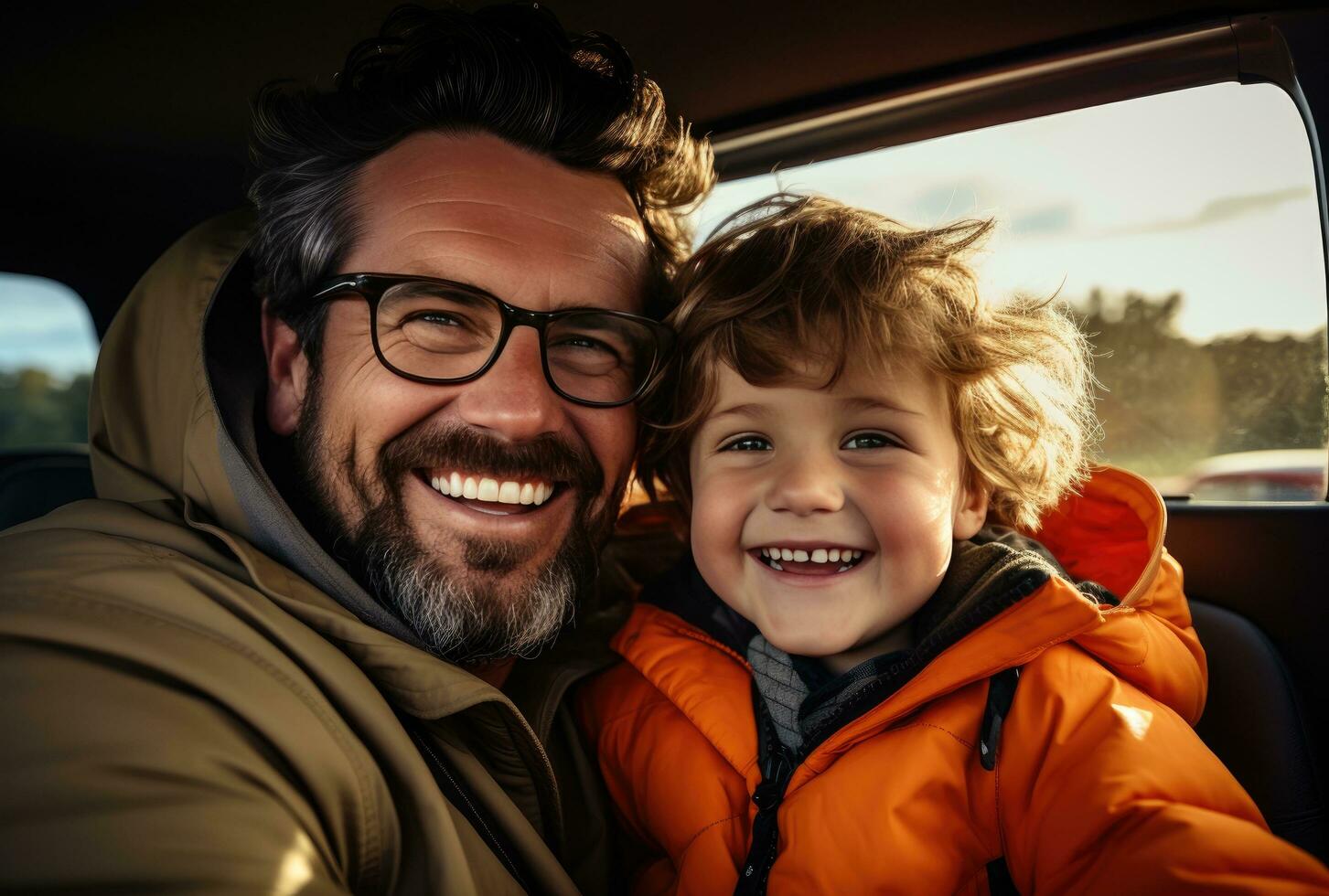 ai generiert ein Mann und seine Sohn beide Sitzung im das Auto, Fahren durch das Landschaft foto
