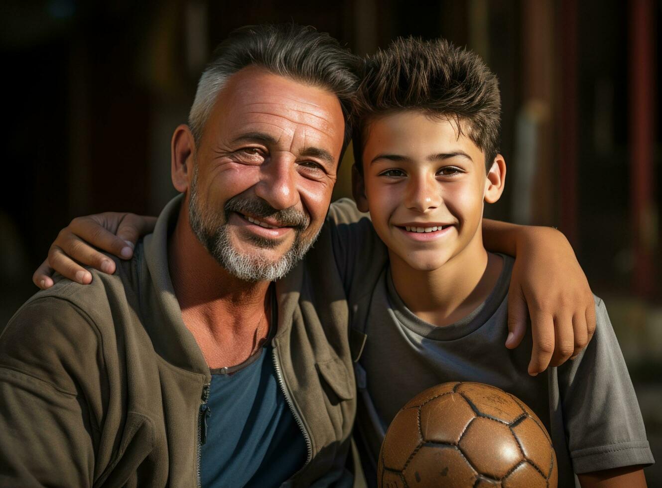 ai generiert jung Fußball Spieler und seine Vater posieren mit und Ball foto