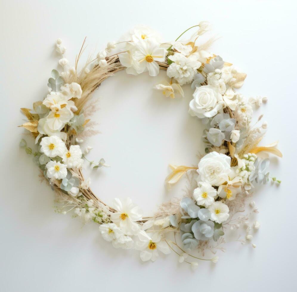 ai generiert ein Weiß Kranz dekoriert durch Blumen. foto