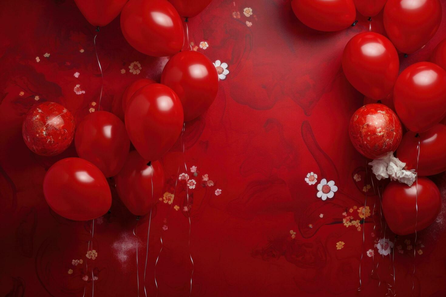 ai generiert glücklich Chinesisch Neu Jahr mit rot Luftballons und Blumen auf ein Hintergrund mit rot Hintergrund, foto