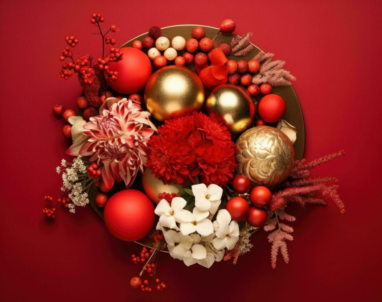 ai generiert Neu Jahr Dekoration mit Gold Bälle und Blumen auf rot Hintergrund foto