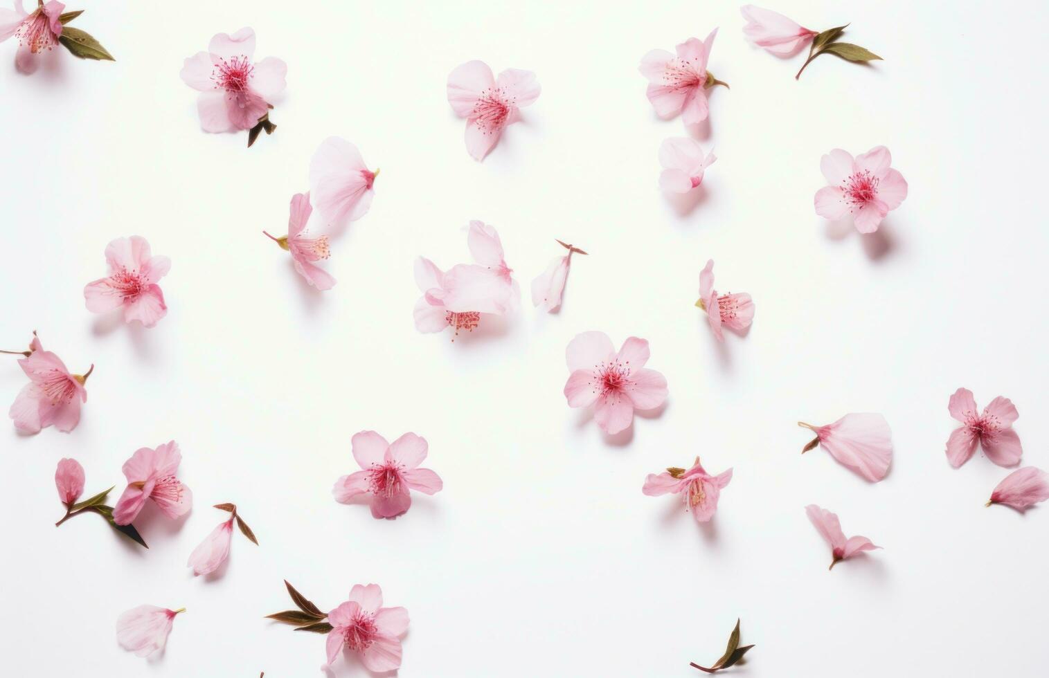 ai generiert Rosa Blumen mit Blätter fallen aus auf Weiß Hintergrund mit Frühling Blühen foto