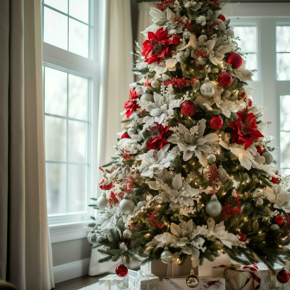 gemütlich Leben Zimmer mit schön Weihnachten Baum und rot Geschenke im modern Innere. Innere von Leben Zimmer dekoriert zum fröhlich Weihnachten mit Socken, Geschenk Kisten und Weihnachten Zubehör durch ai generiert foto