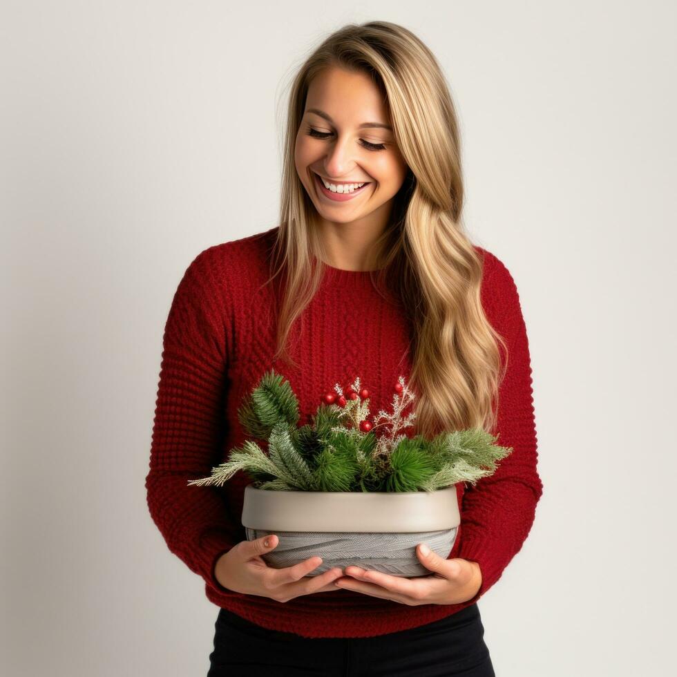 ai generiert Frau tragen rot Sweatshirt halten hölzern Pflanzer, foto