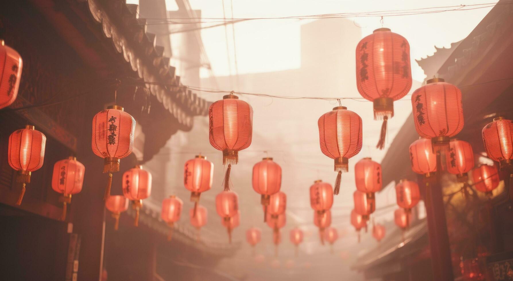 ai generiert rot Laternen hängend im ein Chinesisch Markt foto