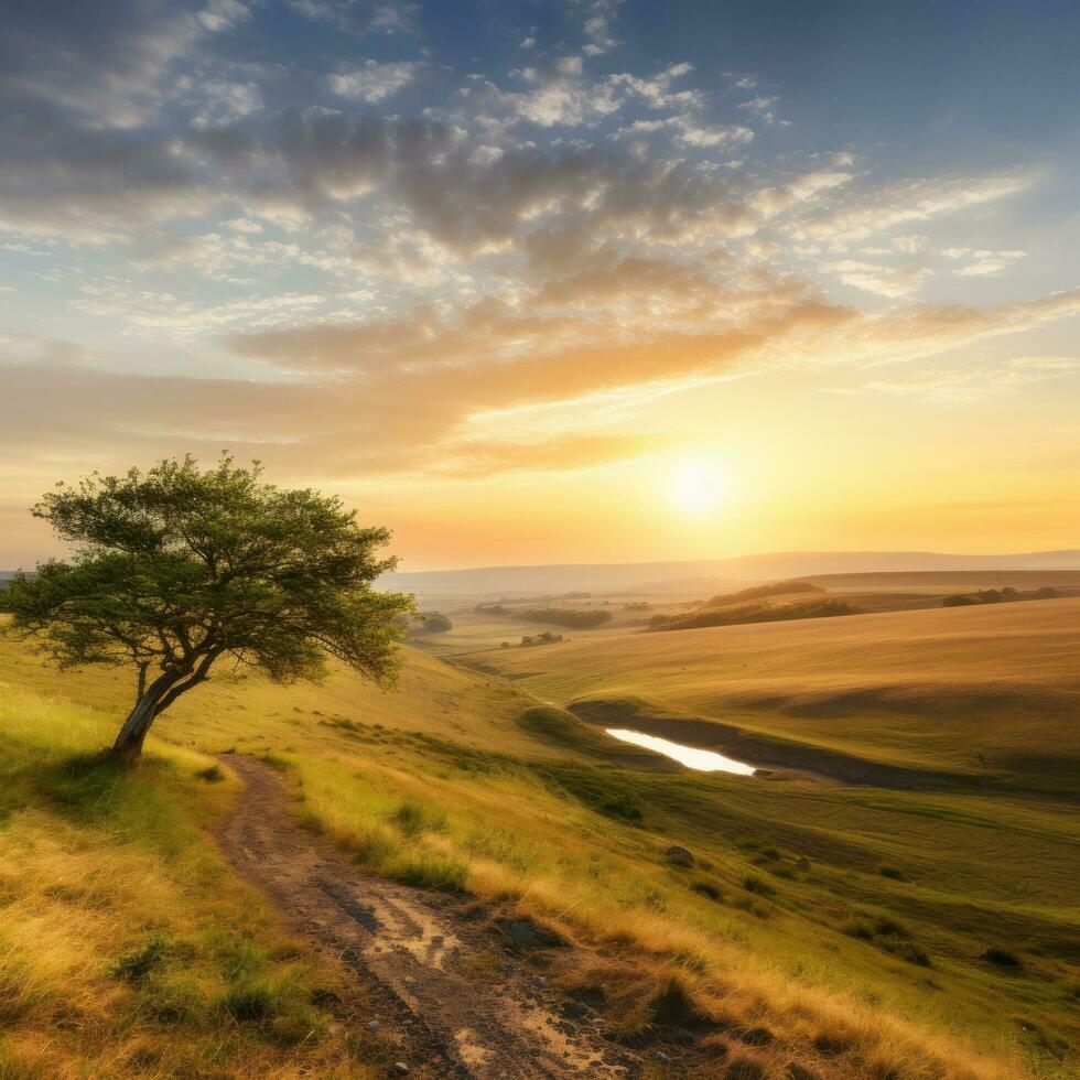 ai generiert ein friedlich Landschaft mit ein golden Sonnenuntergang, ein einsam Baum foto