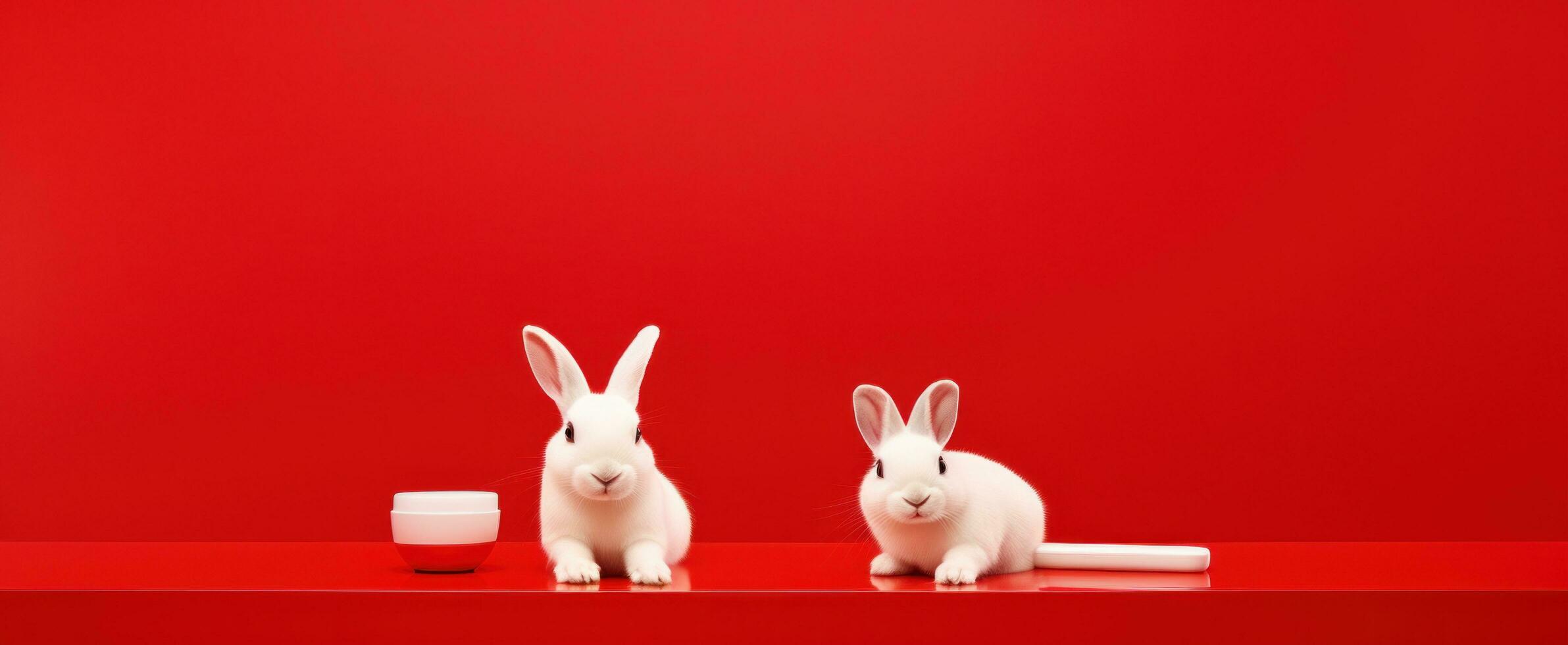 ai generiert zwei klein Weiß Kaninchen sind platziert auf ein rot Tisch, foto