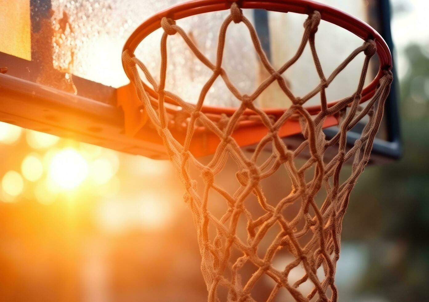 ai generiert Basketball Dunk von Korb Netz auf Basketball Feld foto