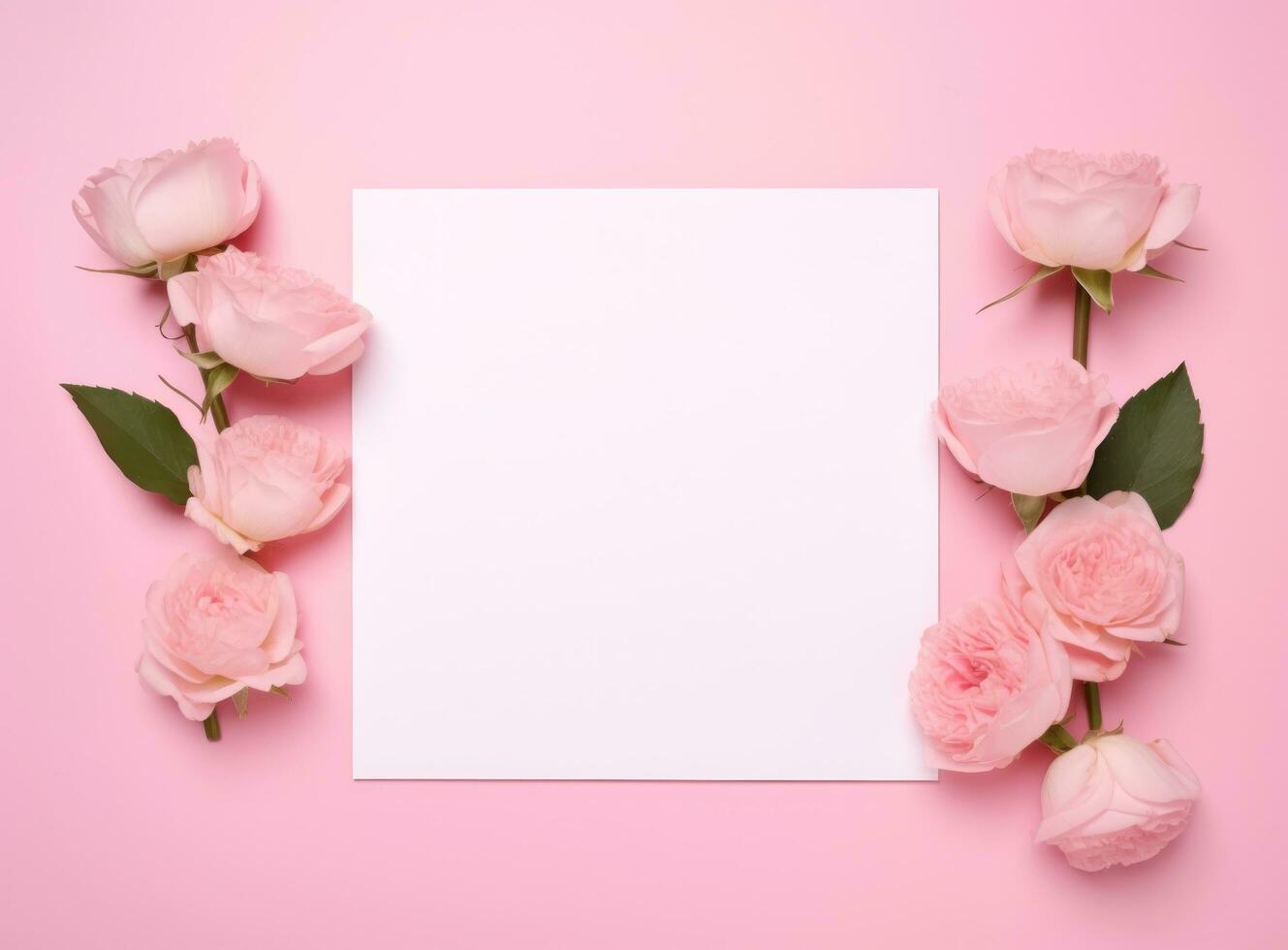 ai generiert Rahmen mit Rosa Blumen und leer Blatt auf ein Rosa Hintergrund foto