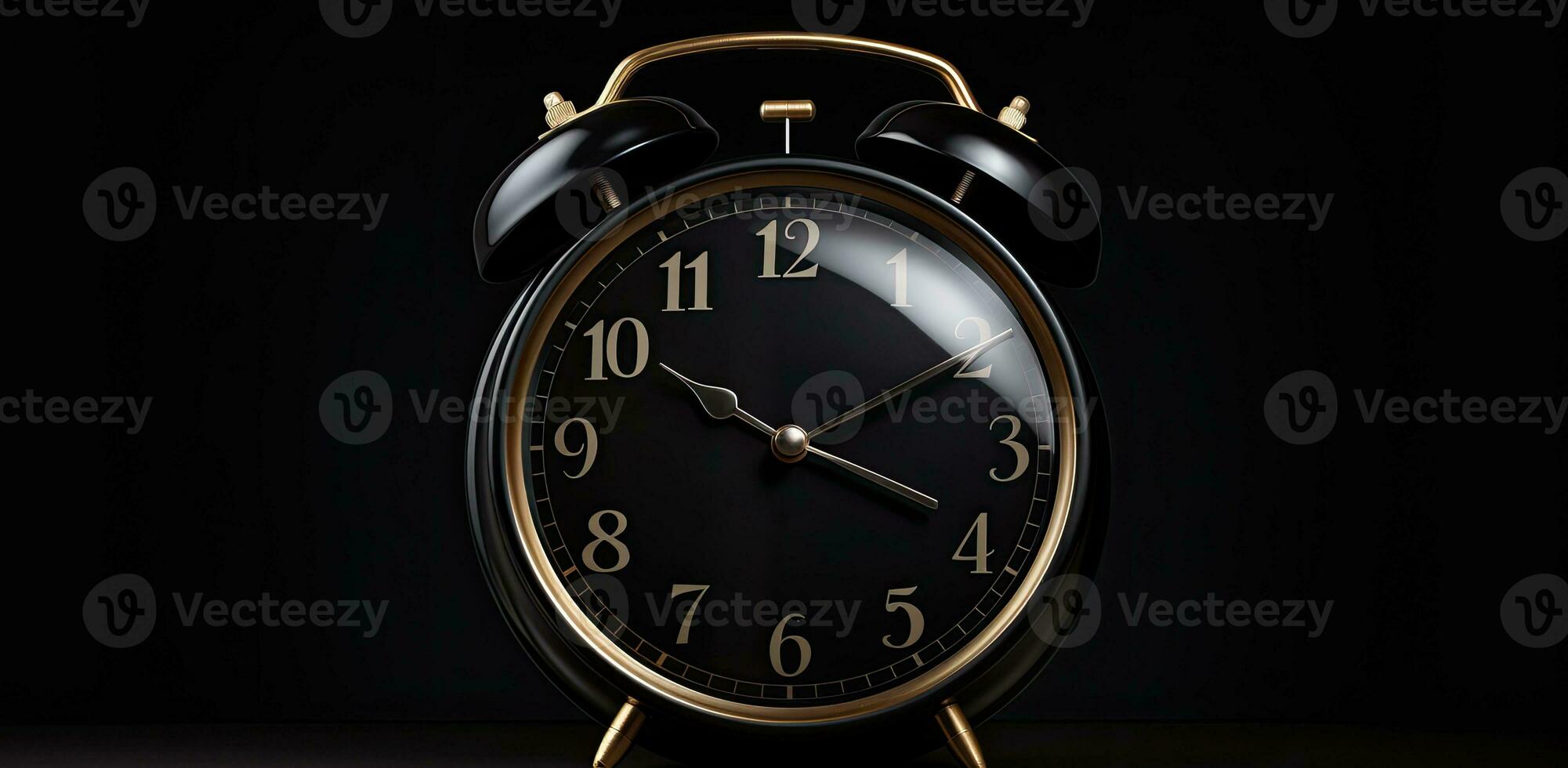 ai generiert schwarz runden alt Alarm Uhr auf schwarz Hintergrund foto