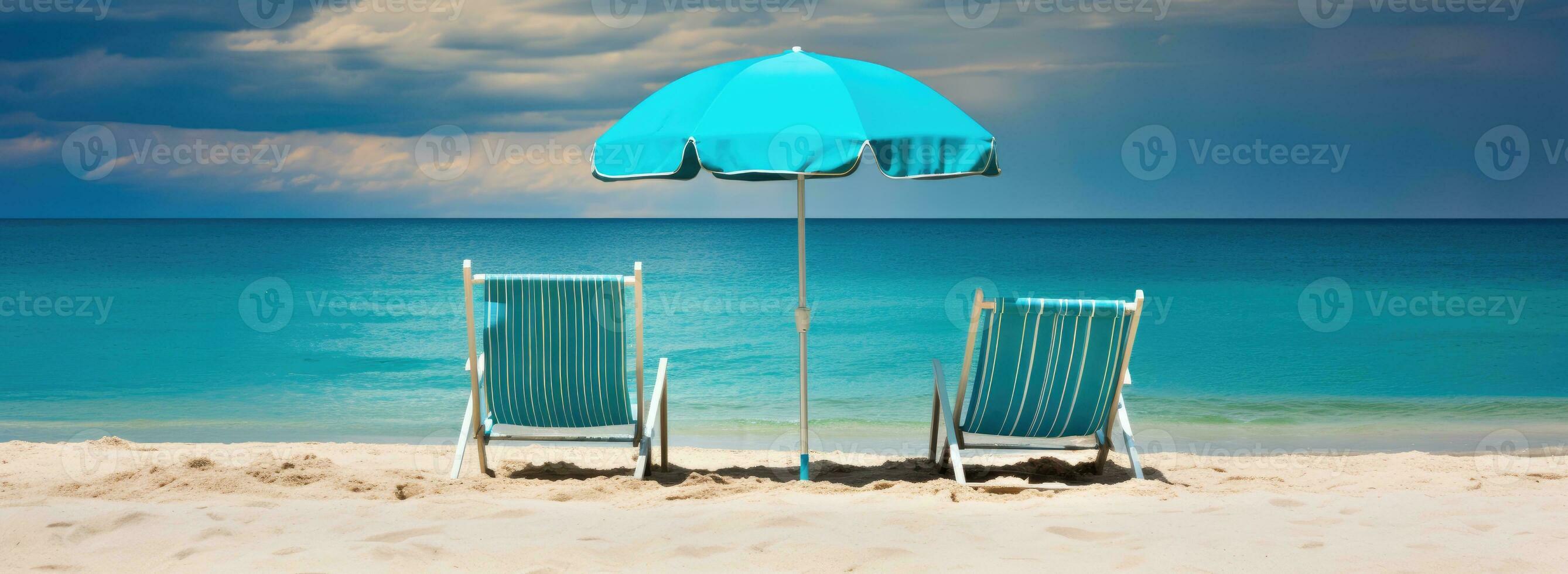 ai generiert Strand Szene von Stühle unter ein Regenschirm im das Sand foto