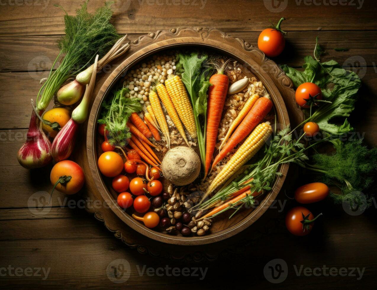 ai generiert frisch Gemüse auf ein hölzern Tafel. Gemüse auf ein Tafel foto