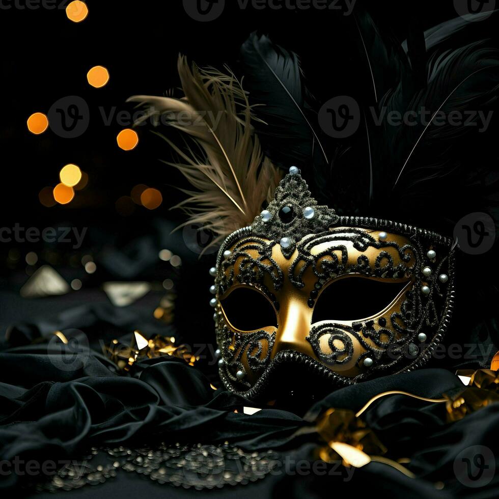 ai generiert Karneval gras Party Thema mit golden bunt Karneval Gesicht Maske glücklich Karneval gras dunkel Hintergrund foto