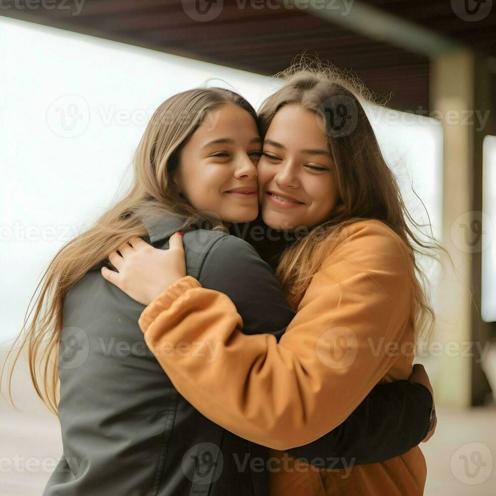 ai generiert Lachen Frau freunde umarmen jeder andere Welt Umarmung Tag Konzept foto