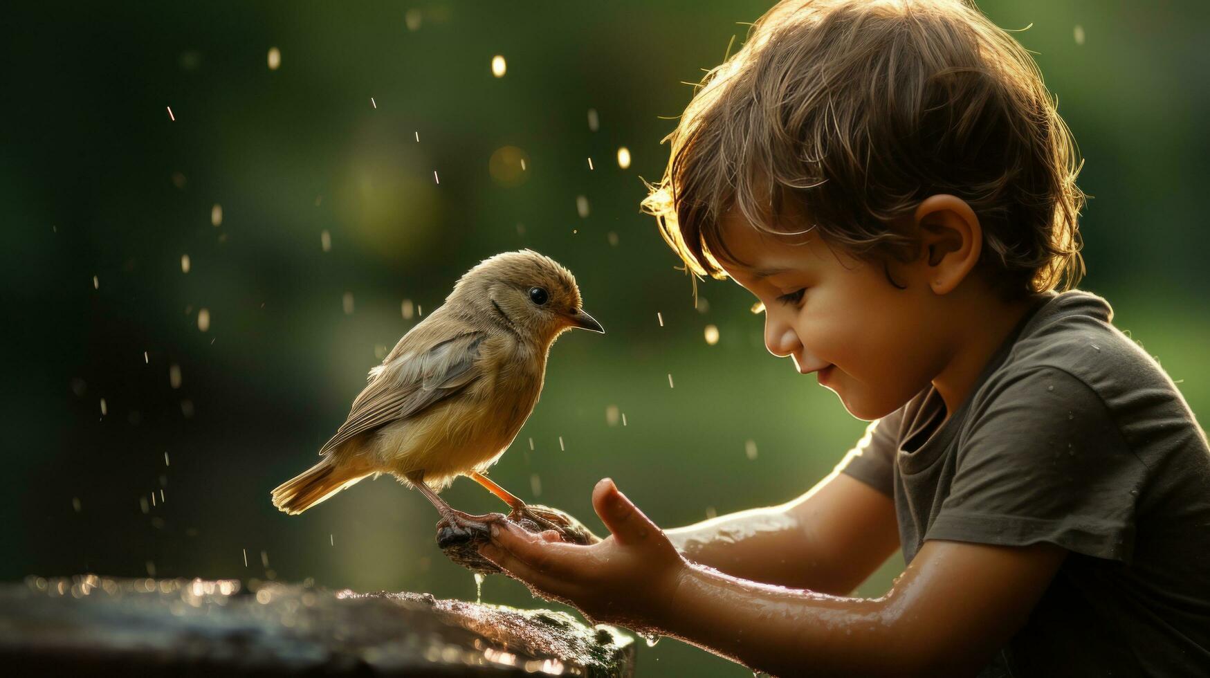 ai generiert ein herzerwärmend Foto von ein jung Junge Fütterung ein Baby Vogel mit ein Tropfer