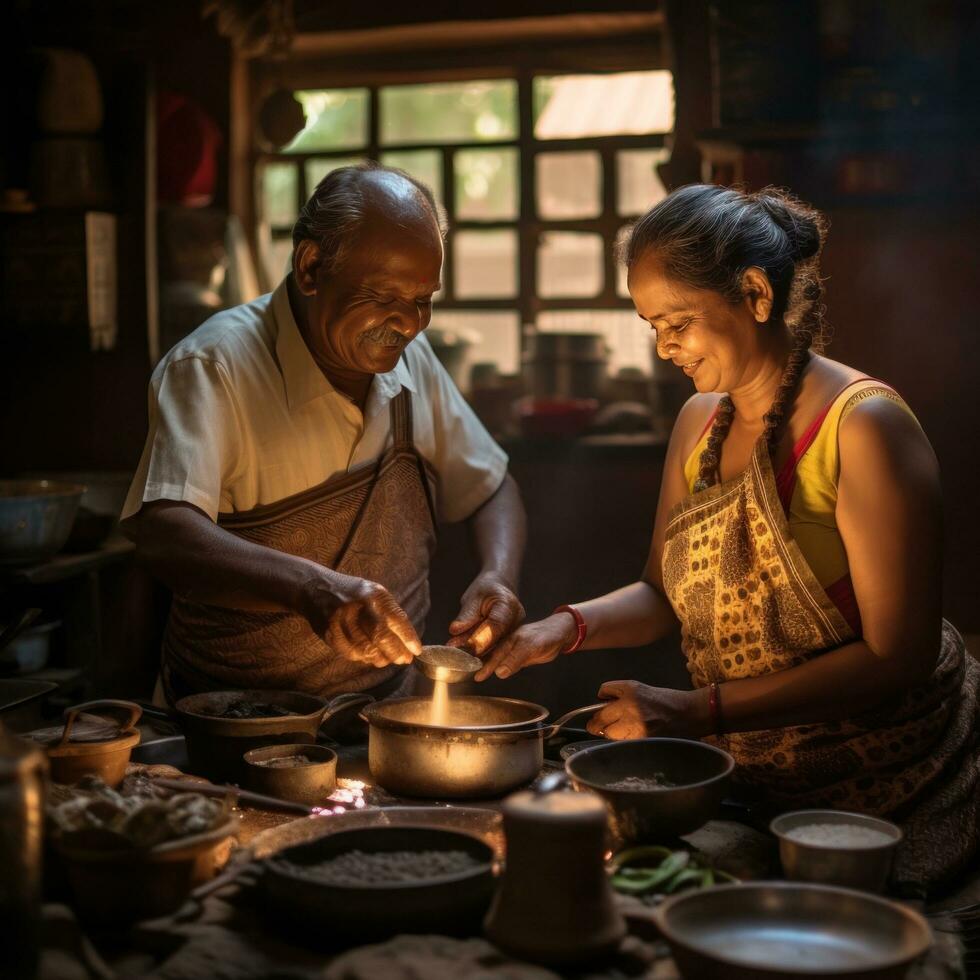 ai generiert ein berühren Lager Foto von ein alt Paar Kochen Frühstück zusammen im ihr traditionell Küche