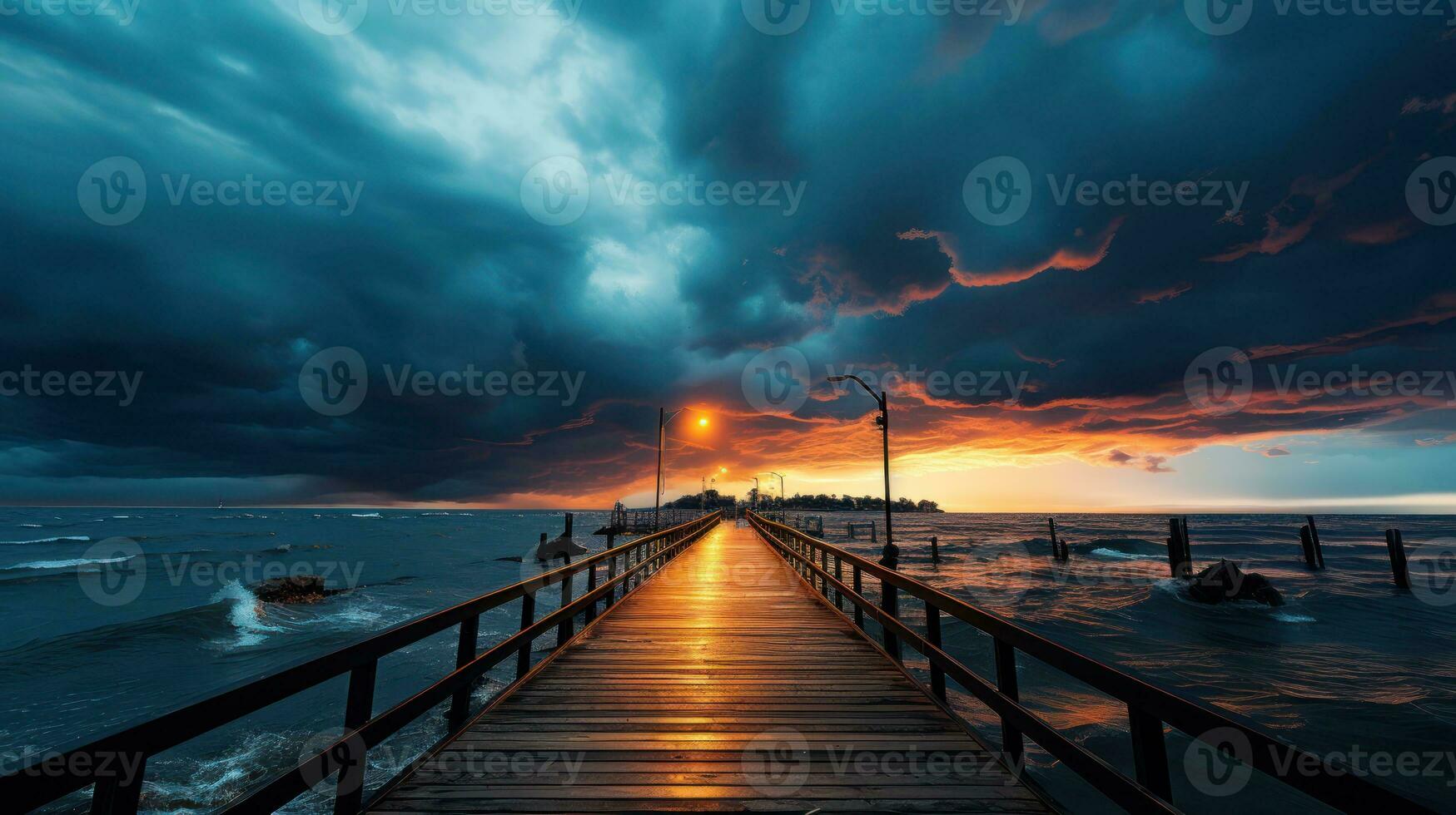 ai generiert Erfassen das dramatisch stürmisch Himmel über ein Seebrücke wie Abend Stürze foto